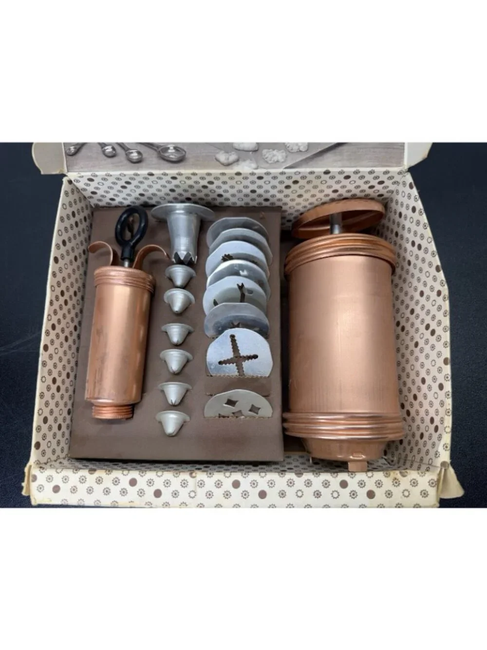 Vintage 1950s Sears Cooky Press Cake Decorator Set Copper Aluminum Boxed